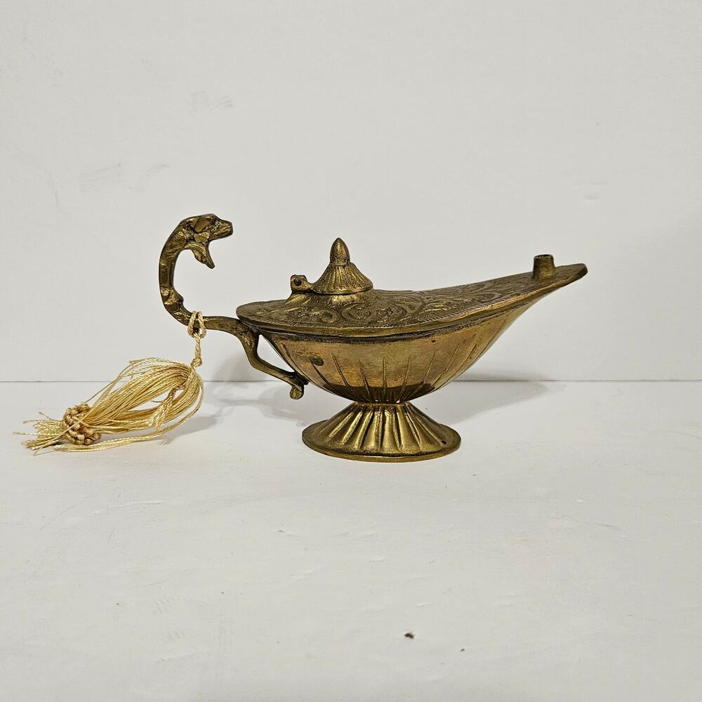 Brass Genie Aladdin Snake Lamp Figurine MCM Vintage Collectible Detailed Design